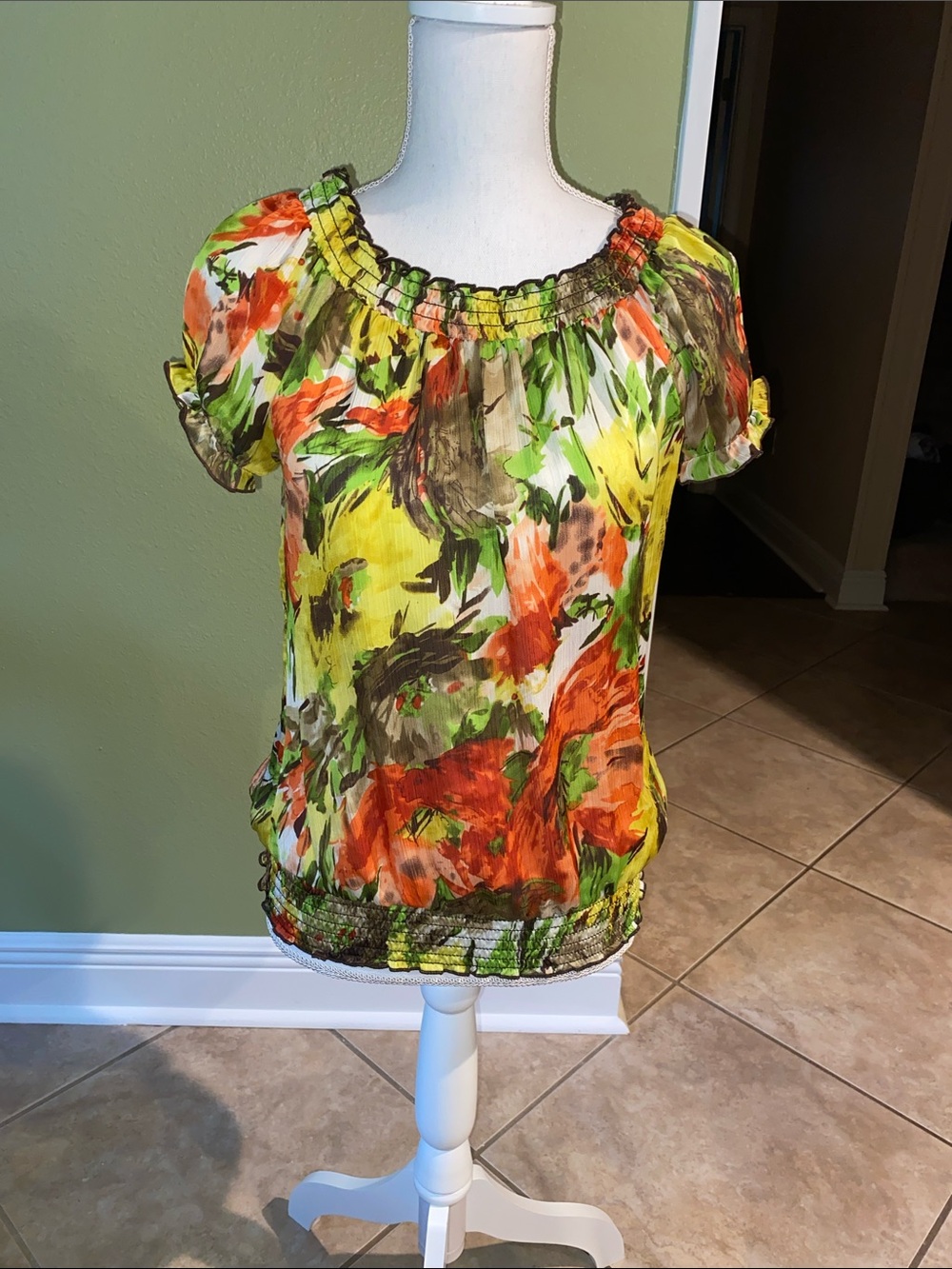 A. Byer Floral Smocked Off-Shoulder Top - Yellow/Orange/Green